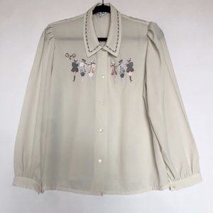 Creamy White  Flute Players Vintage Button Down Sheer Blouse